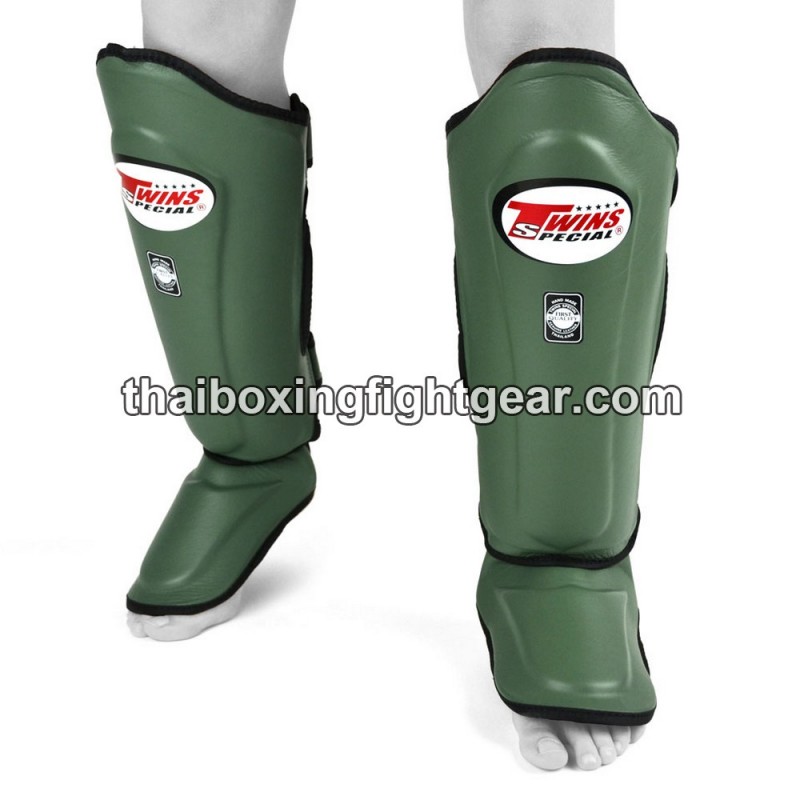 Twins SGL10 Double Padded Leather Shin Pads / Guards " OLIVE " | Protections